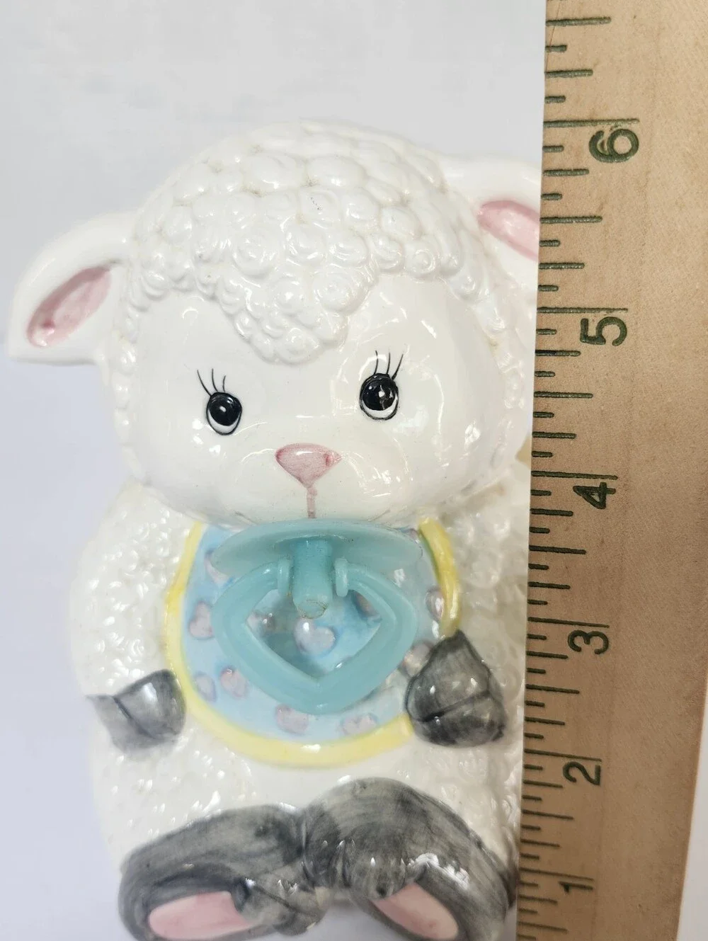 Vintage White Ceramic Lamb Planter with Blue Bib and Pacifier Baby Shower